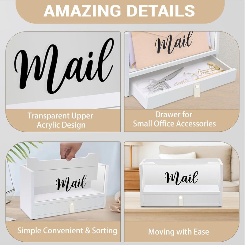 Intarsio Two-Layer Solid Wooden Mail Storage Organizer Holder with Clear Acrylic Top and Bottom Drawer, Leather Handle, Keeping Mail, Bills, Letters, Cards and Office Supplies in One Place, Home Decor Gifts - Image 3